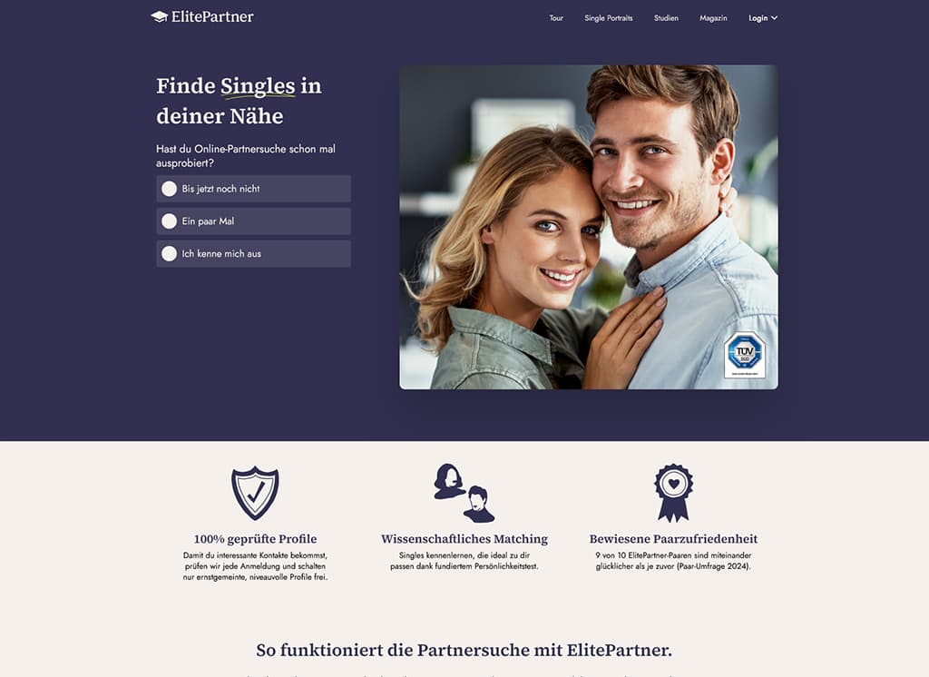 ElitePartner Startseite - Screenshot der Anmeldung und Hauptfunktionen