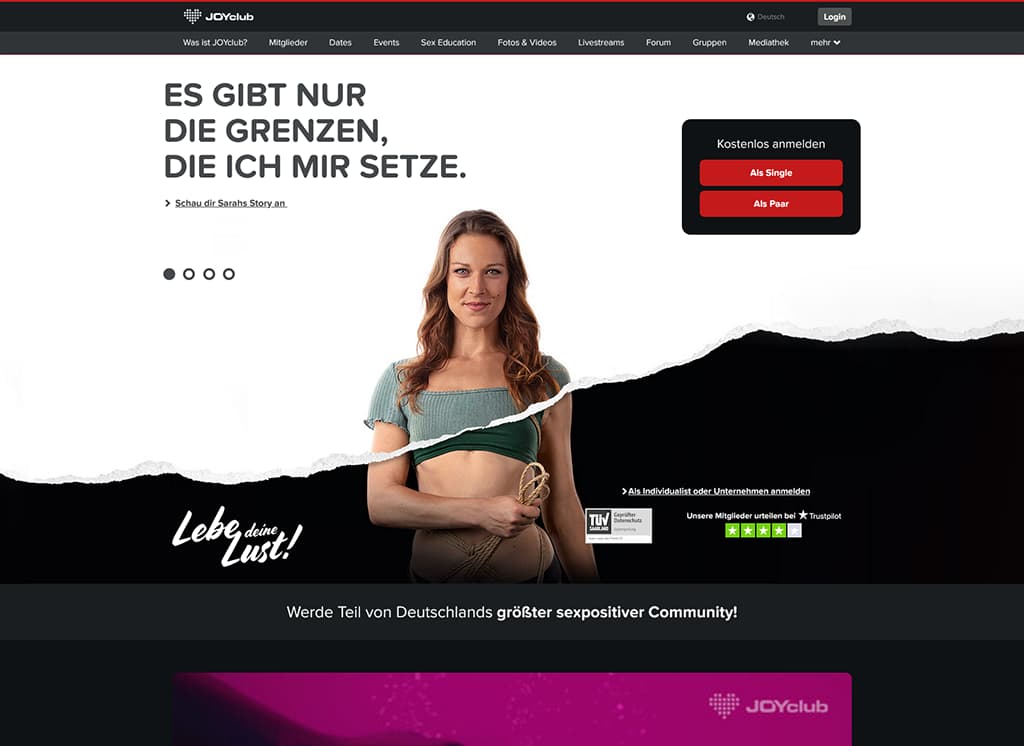 JOYclub Startseite - Screenshot der Anmeldung und Hauptfunktionen