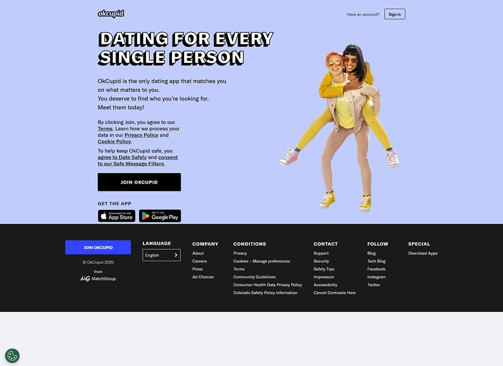 OkCupid Startseite - Screenshot der Anmeldung und Hauptfunktionen